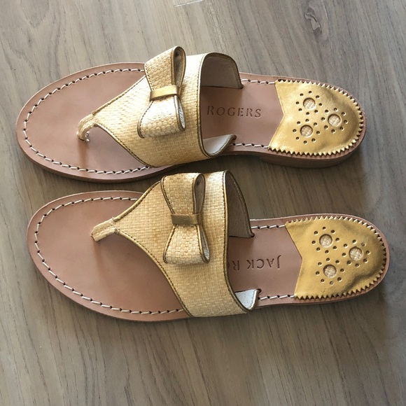 Jack Rogers Women's Gold Trim Rattan Bow Thong Sandals 7.5 M - Picture 1 of 10
